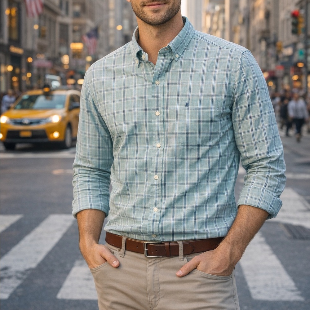 Izod Men's Aqua Plaid Button Down Shirt